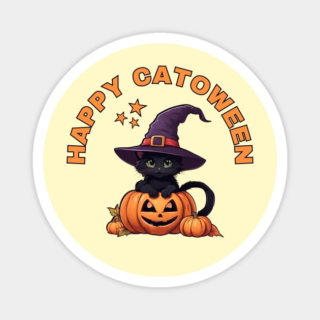 Happy Catoween Black Kitten Cat and Pumpkins Cheeky Witch® Magnet by Cheeky Witch